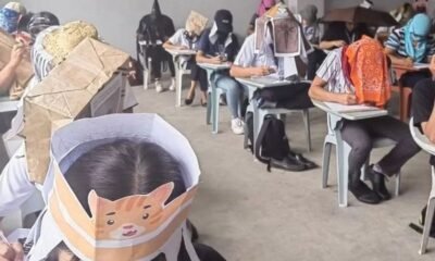 Students were asked to innovate headwear that would block their ability to see their peers' answer papers