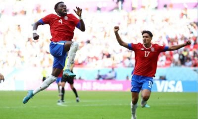 Costa Rica's Keysher Fuller celebrates scoring their first goal with Yeltsin Tejeda
