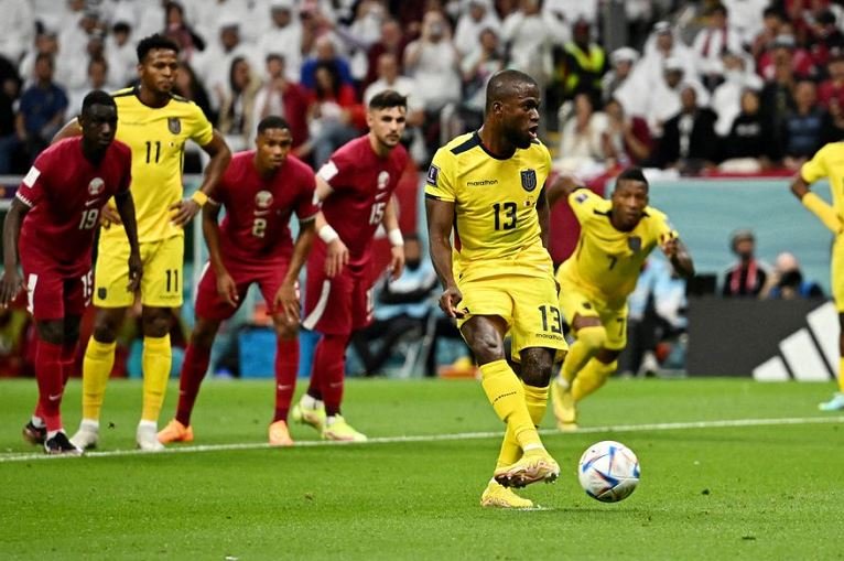 Ecuador's Enner Valencia scores their first goal from the penalty spot