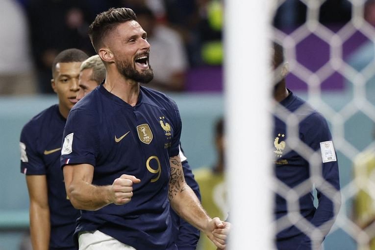 France's Olivier Giroud celebrates scoring their fourth goal