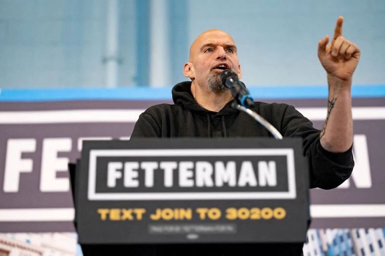 Pennsylvania Lieutenant Governor and U.S. Senate candidate John Fetterman speaks during a rally in Philadelphia, Pennsylvania