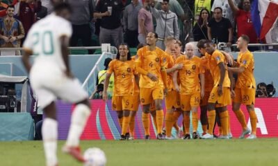 Netherlands' Davy Klaassen celebrates scoring their second goal with teammates
