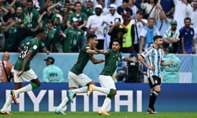Saudi Arabia's Salem Al-Dawsari celebrates scoring their second goal with teammates
