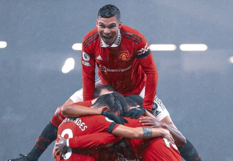 Casemiro celebrates with teammates after Fred scored Manchester United's third Thomas Tuchel is keen to sign Casemiro at Bayern Munich