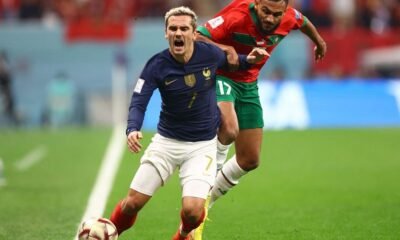 France's Antoine Griezmann in action with Morocco's Sofiane Boufal