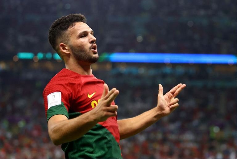 Portugal's Goncalo Ramos celebrates scoring their fifth goal and his hat-trick