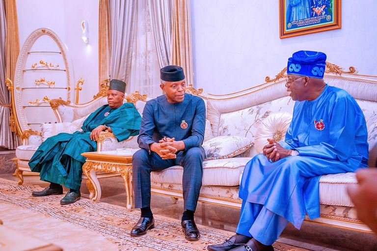 Vice President Yemi Osinbaj and Asiwaju Bola Tinubu with Senator Kashim Shettima in the background