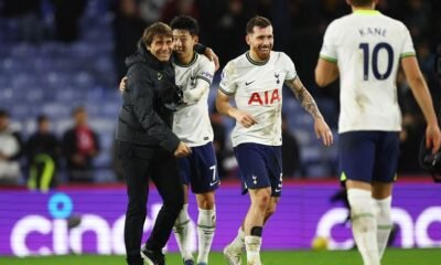Antonio Conte and Son Heung-min celebrate after the match and Harry Kane