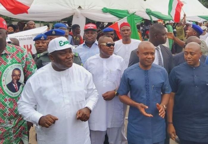Governor Ifeanyi Ugwuanyi in white, leading a campaign in Enugu East, for Peter Mbah