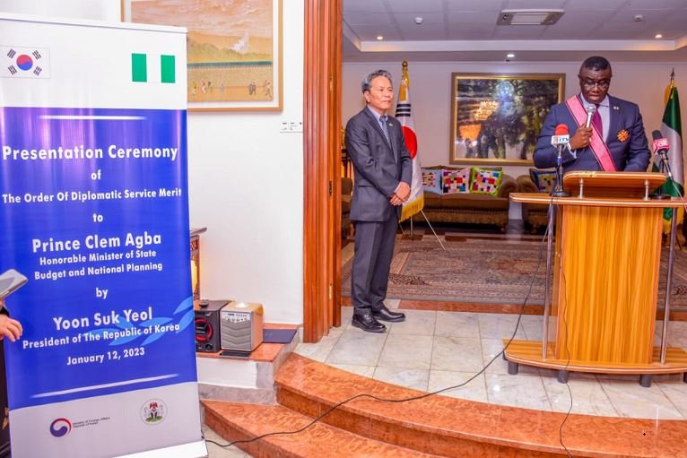 Prince Clem Agba, the Minister of State for Budget and National Planning on the conferment of the National Award of the Order of Diplomatic Service by the President of the Republic of South Korea