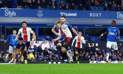 Southampton's James Ward-Prowse scores the first of two goals against Everton at Goodison Park