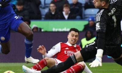 Gabriel Martinelli puts the ball past Ward in Leicester City goal