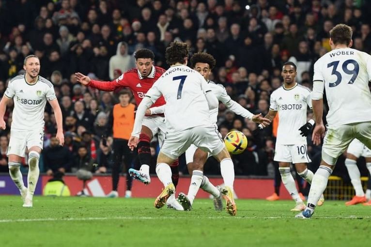 Jadon Sancho scores Manchester United's equaliser against Leeds United at Old Trafford