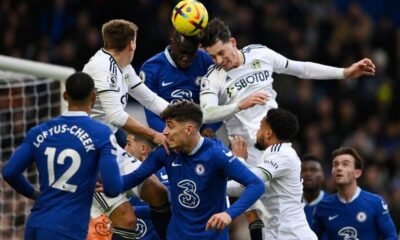 Leeds United's Robin Koch in action with Chelsea's Kalidou Koulibaly and Kai Havertz