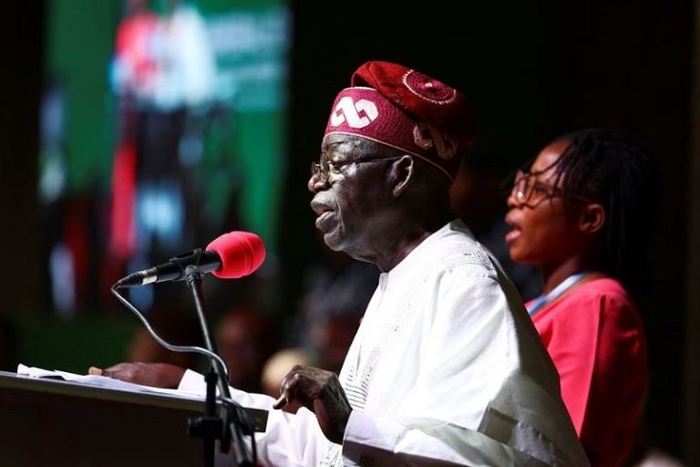 Bola Tinubu speaks at the National Collation Centre in Abuja, Nigeria, March 1