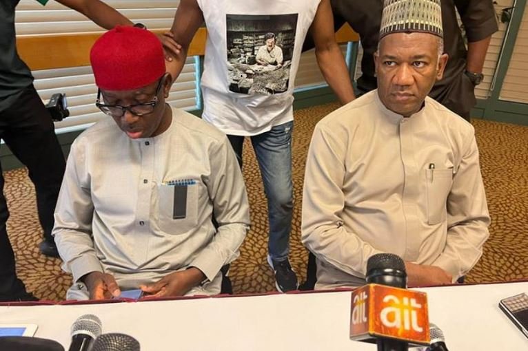Governor Ifeanyi Okowa and Datti Baba-Ahmed at the press conference in Abuja