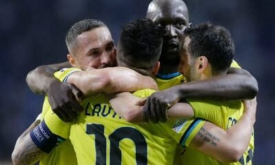 Inter Milan's Romelu Lukaku celebrates with teammates after the match