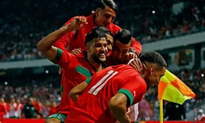 Morocco's Abdelhamid Sabiri celebrates scoring their second goal with teammates