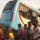 Onlookers surround the bus at the scene of the accident at PwD, Ikeja, Lagos BRT Bus