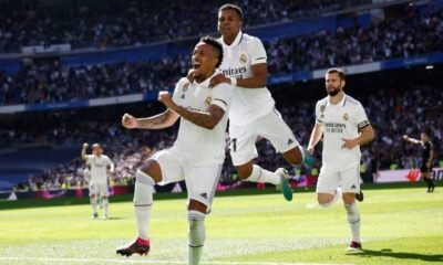 Real Madrid's Eder Militao celebrates scoring their second goal with Rodrygo