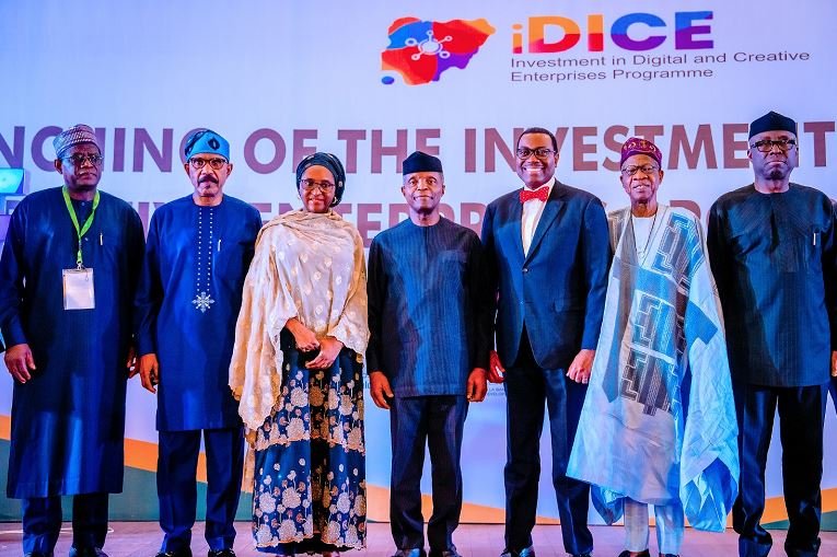 Vice President Yemi Osinbajo SAN with President AFDBAkinwunmi Adesina, HM Finance Dr. Zainab Ahmed, HMIC Alhaji Lai Mohammed, HMITI Otunba Niyi Adebayo, HMST Sen. Olorunimbe Mamora and MD BoI Rep Olukayode Pitan at the launch of the investment in Digital and Enterprises Programme (iDice) at the Statehouse Conference Centre, Abuja
