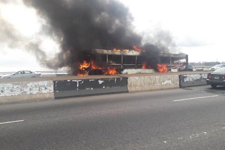 BRT bus on fire on Third Mainland Bridge
