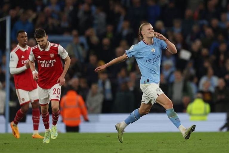 Arsenal Manchester City's Erling Braut Haaland celebrates scoring their fourth goal Action Images via Reuters/Lee Smith