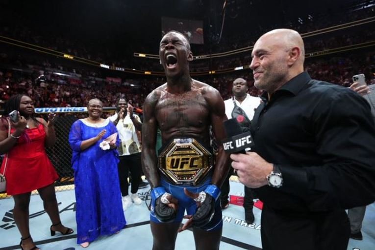 Israel Adesanya reacts to his victory over Brazilian nemesis Alex Pereria
