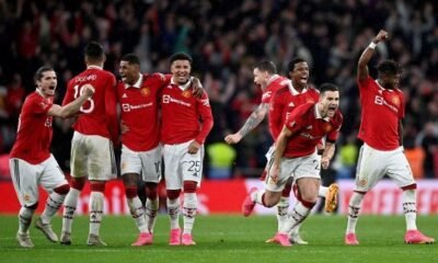 Manchester United players celebrate after winning the penalty shootout in the FA Cup semi-final against Brighton REUTERS/Toby Melville