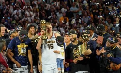 Denver Nuggets celebrate after center Nikola Jokic (15) was awarded the Bill Russell NBA Finals MVP Award after winning the 2023 NBA Finals/Reuters