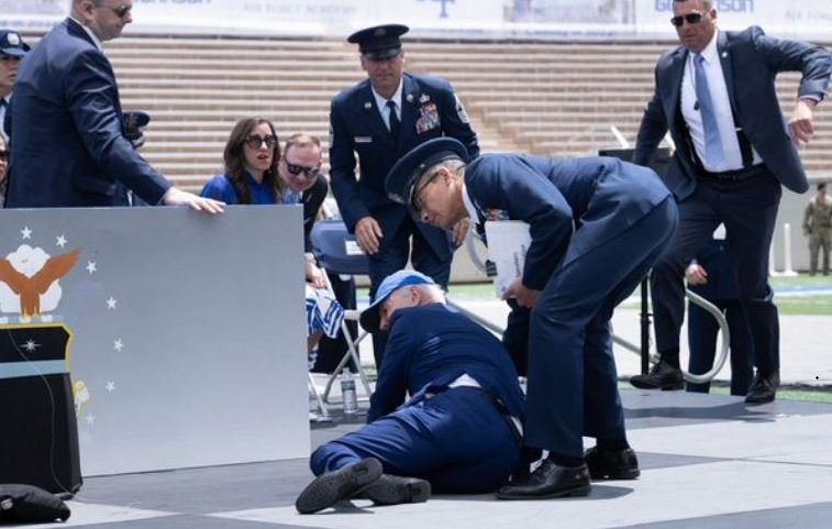 President Joe Biden trips and falls at a Colorado event