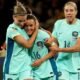 Australia's Hayley Raso celebrates scoring their first goal with Stephanie Catley and Alanna Kennedy REUTERS/Asanka Brendon Ratnayake