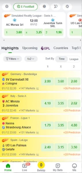 First screen of sports odds on Bangbet