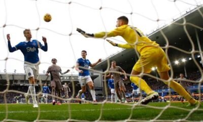Everton's Jarrad Branthwaite scores their second goal past Tottenham Hotspur's Guglielmo Vicario