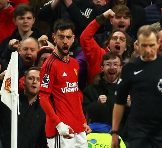 Bruno Fernandes reacts after scoring Manchester United's third goal against Sheffield United at Old Trafford