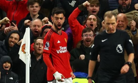 Bruno Fernandes reacts after scoring Manchester United's third goal against Sheffield United at Old Trafford