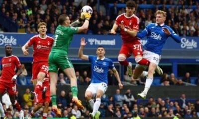 Jordan Pickford makes a save during the Premier League clash between Everton and Nottingham Forest on Sunday