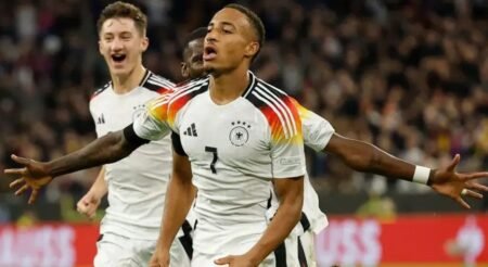 Germany's Jamie Leweling celebrates scoring their first goal