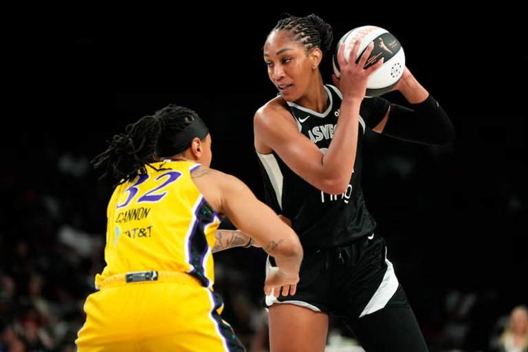 Las Vegas Aces center A'ja Wilson (22) controls the ball against Los Angeles Sparks forward Emma Cannon (32) during the first half of a WNBA basketball game at Michelob Ultra Arena. Photo: Lucas Peltier-Imagn Images