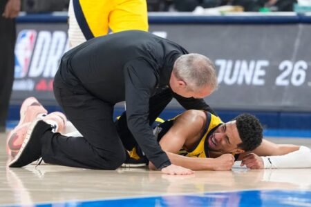 Indiana Pacers guard Tyrese Haliburton (0) reacts after suffering an injury during the first quarter against the Oklahoma City Thunder during game seven of the 2025 NBA Finals at Paycom Center. Mandatory Credit: Kyle Terada-Imagn Images