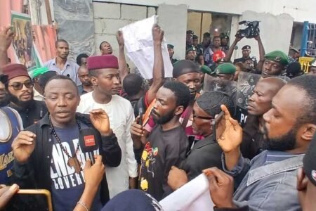 Protest: Omoyele Sowore leads retired policemen to Force HQ over pension