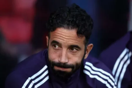Manchester United manager Rúben Amorim on the touchline, symbolising the club’s continued search for success since Sir Alex Ferguson’s retirement.