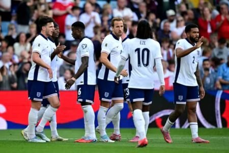 England celebrate after Andorra's Christian Garcia scores an own goal